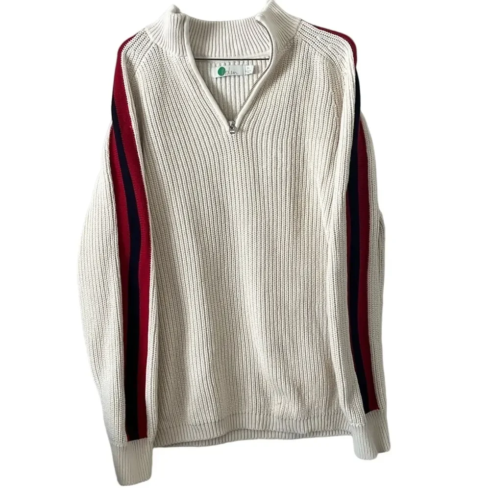 Boden men sweater chunky knit 1/4 zip‎ xl casual office Cream stripe arm
